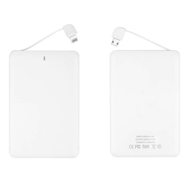 W0209 which 2500mAh White Card Power Bank Built-inLightning and Android Cable 
