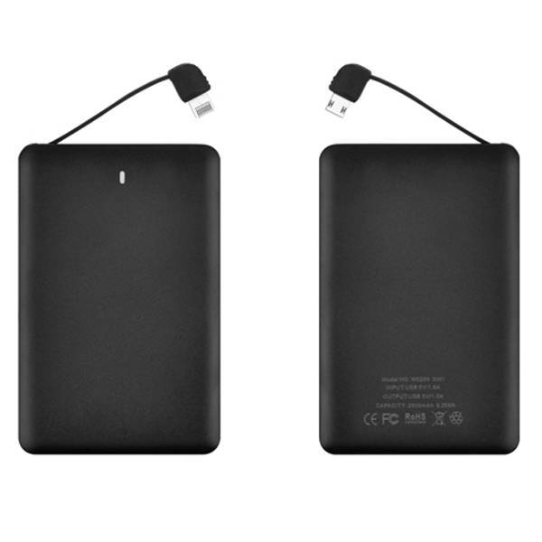 W0209 which 2500mAh Black Card Power Bank Built-in  Lightning and Android  Cable
