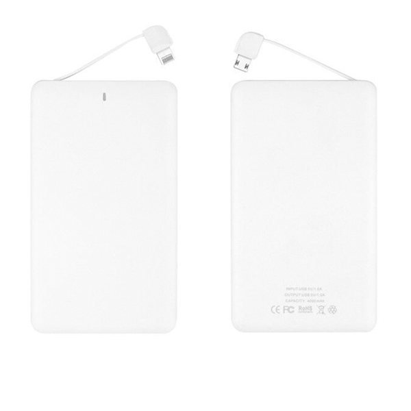 W0409 which 4000mAh Ultra Thin White Card Power Bank Built-in Lightning and Android Cable 