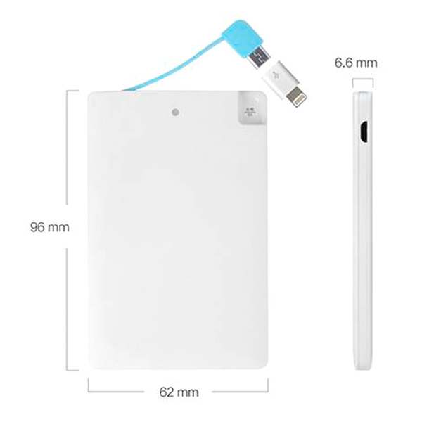 W0202 which 2500mAh Card Power Bank with built-in Andorid Cable with Lightning Adaptor