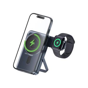 RINSTAR MG118 Grey Wireless Power Bank 10000mAh 3 in 1 Portable Charger 15W Magnetic Foldable Stand Quick Charging Adapter for Headphones and Watch 