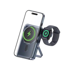 RINSTAR MG119 Sliver Wireless Power Bank 10000mAh 3 in 1 Portable Charger 15W Magnetic Foldable Stand Quick Charging Adapter for Headphones and Watch